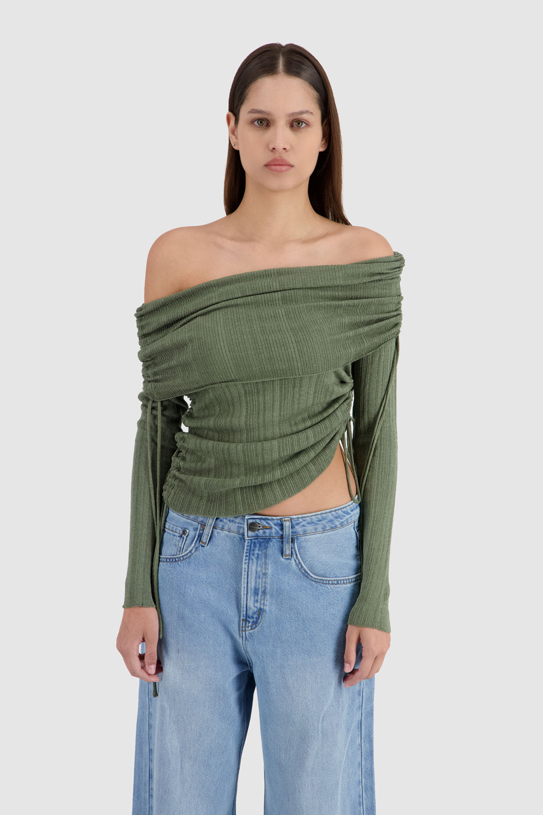 Off Shoulder Knit -Olive