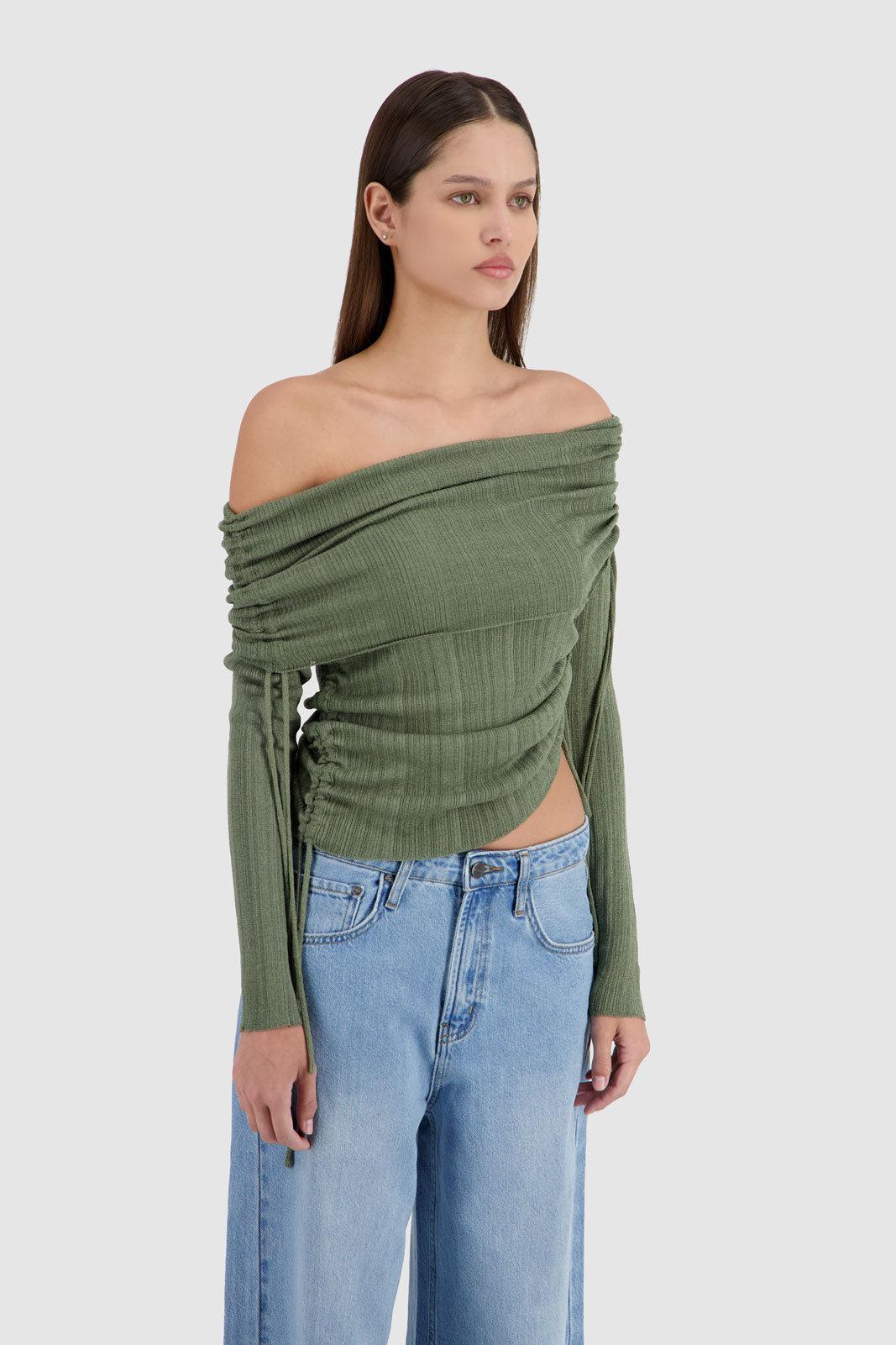 Off Shoulder Knit -Olive