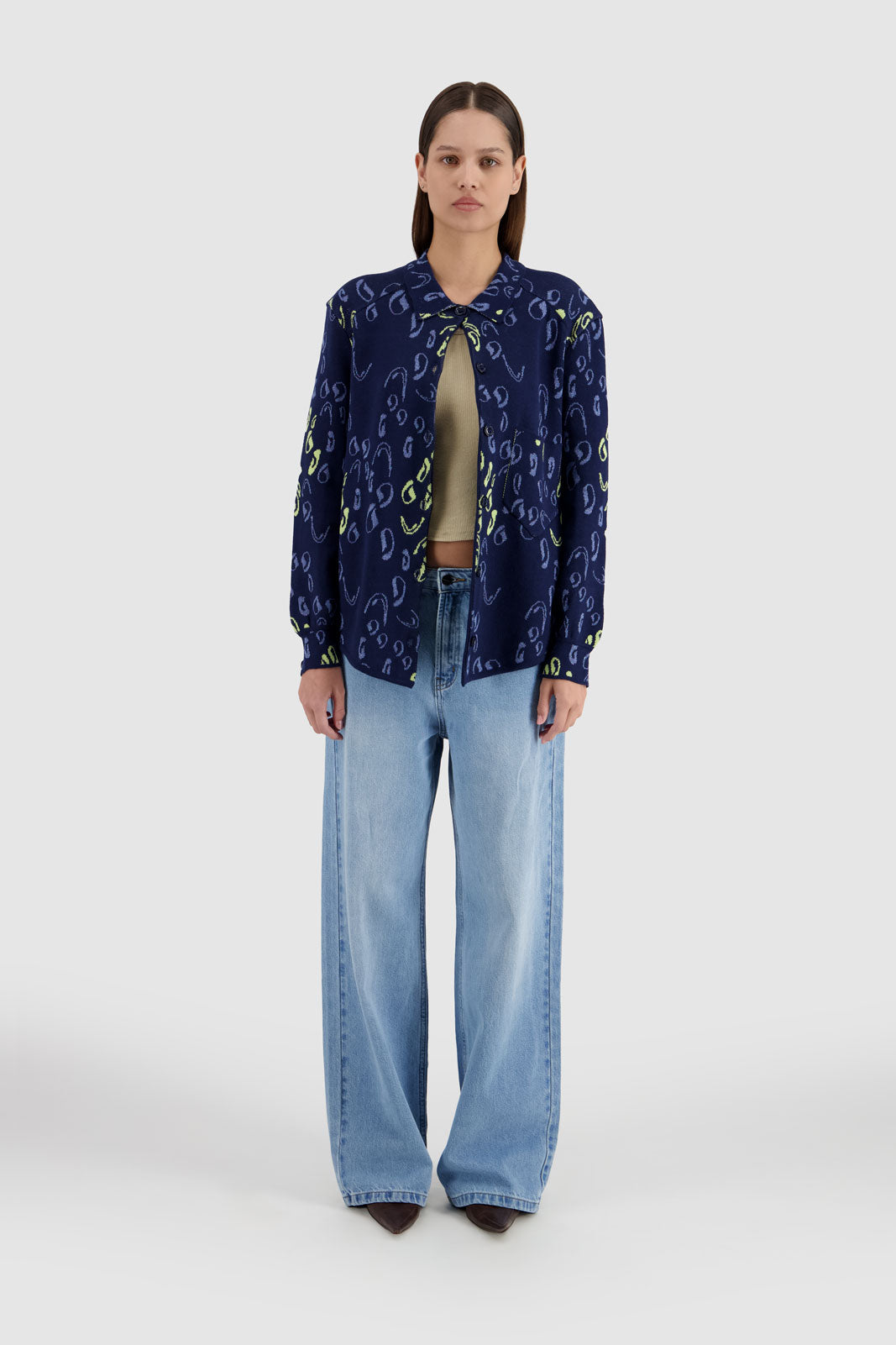 Button Down Jacquard Shirt Cardigan-NavyxMulticolor