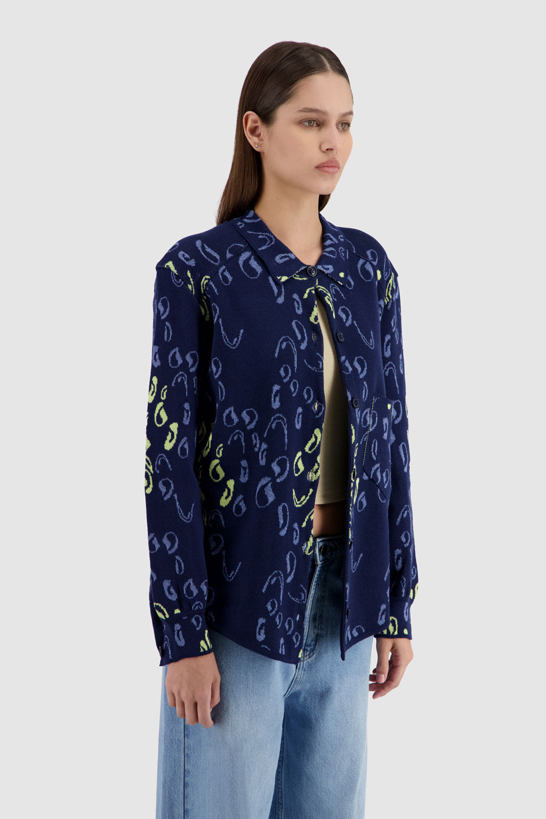 Button Down Jacquard Shirt Cardigan-NavyxMulticolor