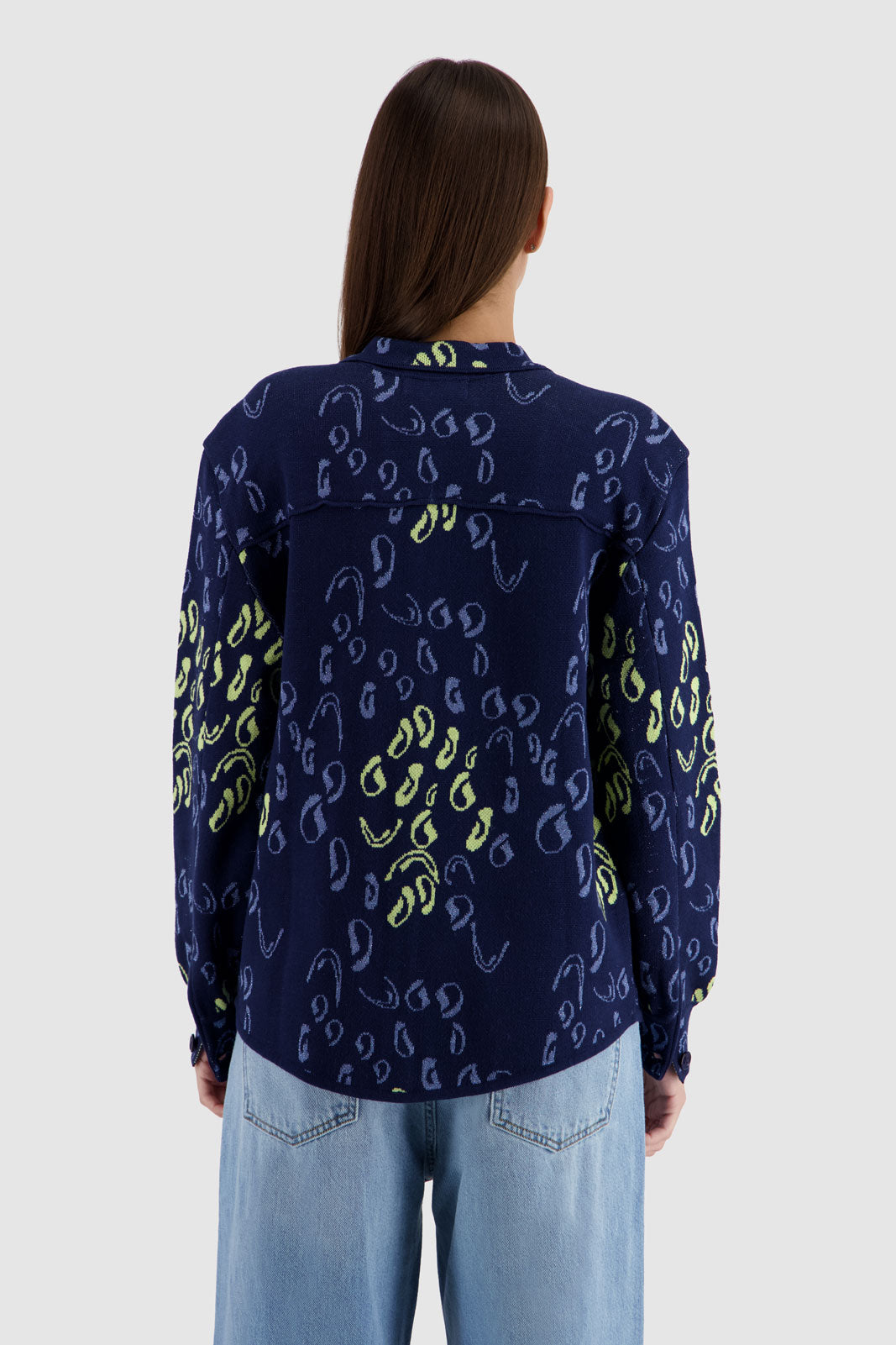 Button Down Jacquard Shirt Cardigan-NavyxMulticolor