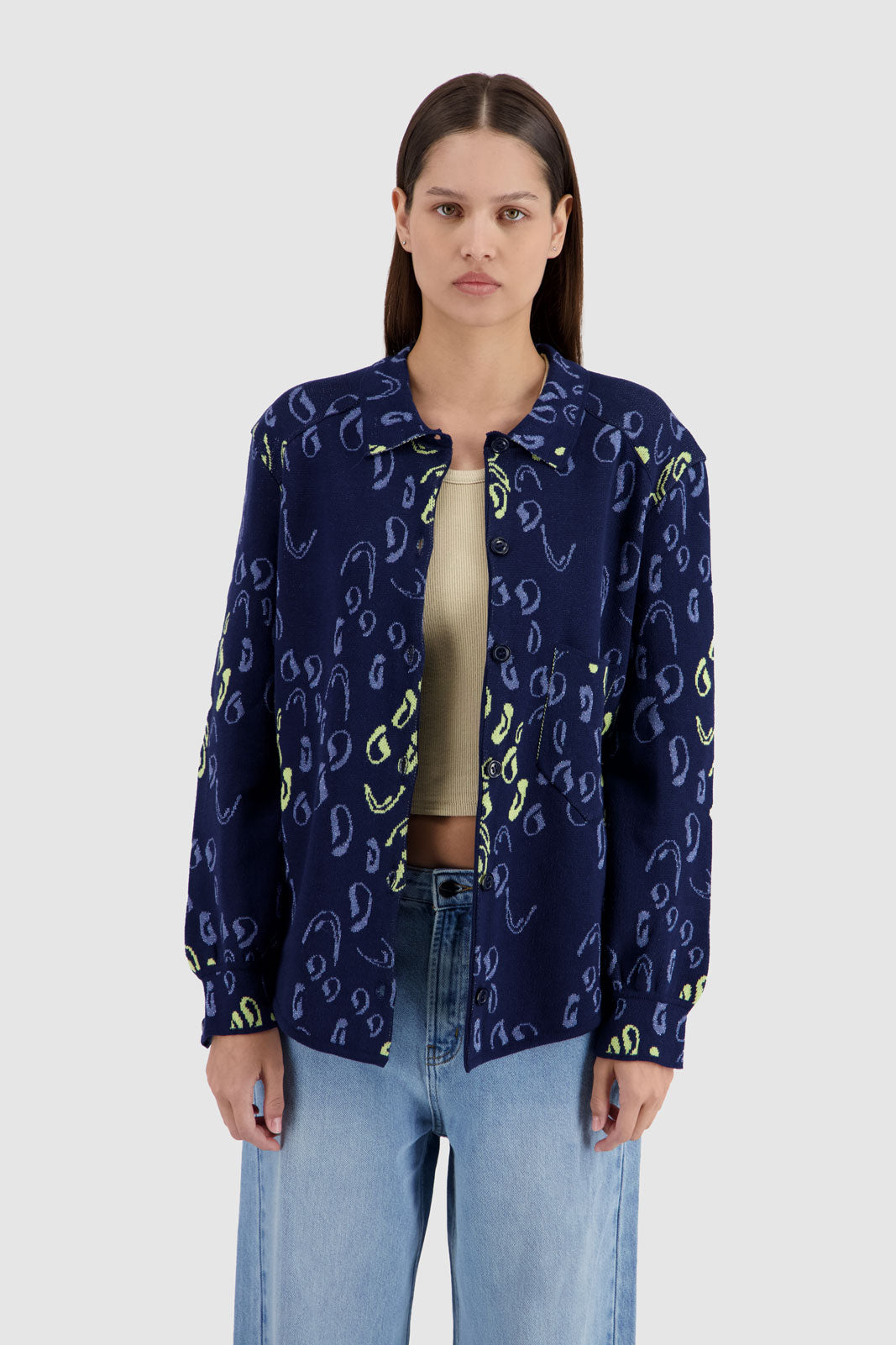 Button Down Jacquard Shirt Cardigan-NavyxMulticolor