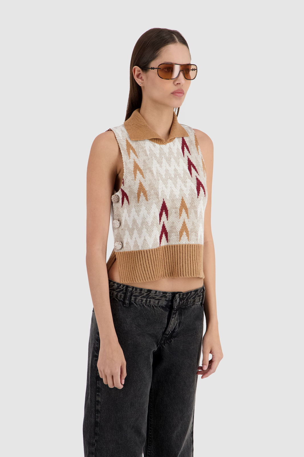 High Neck Open Pullover - Multicolor Beige