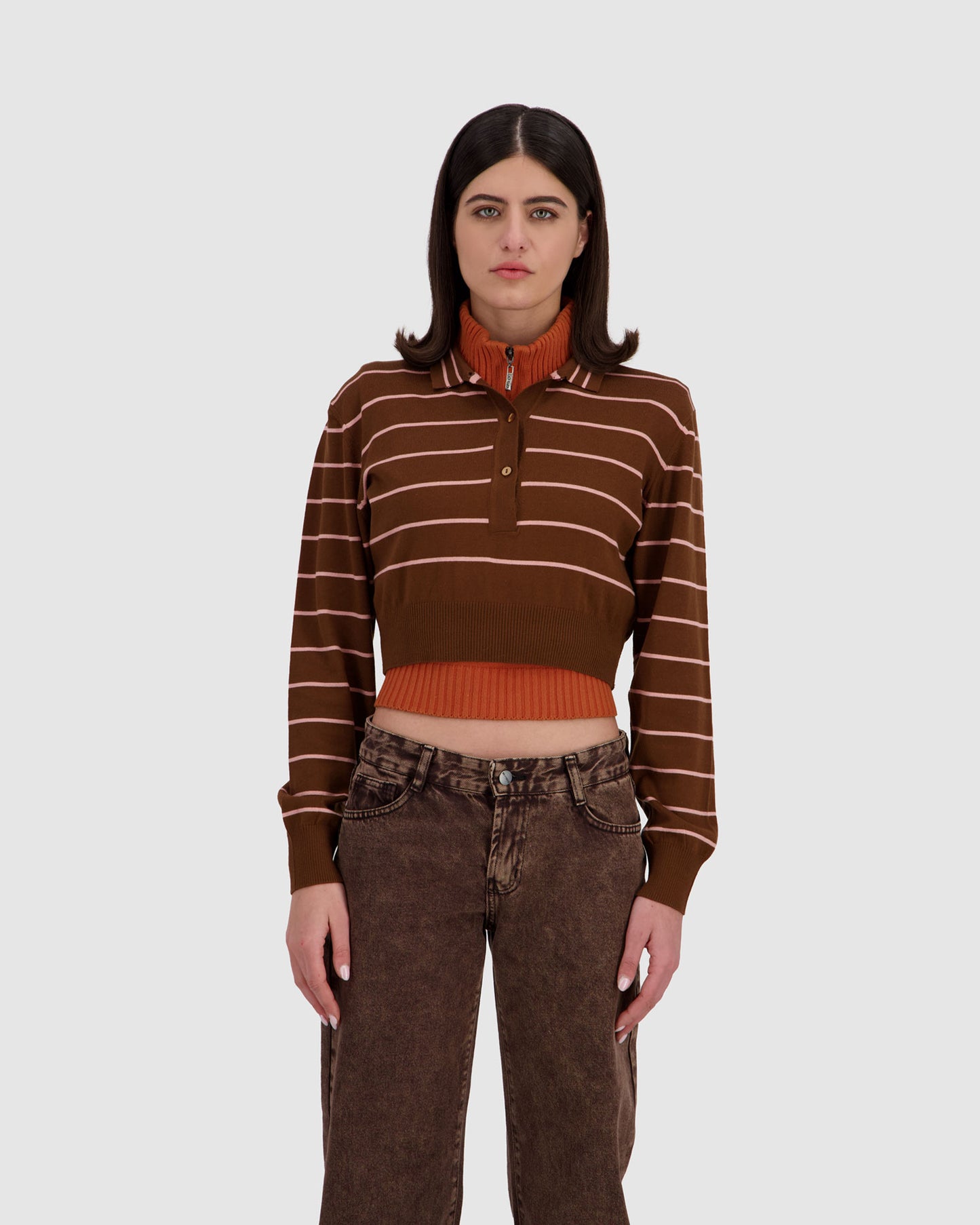 Long Sleeve Cropped Polo - Brown x Pink