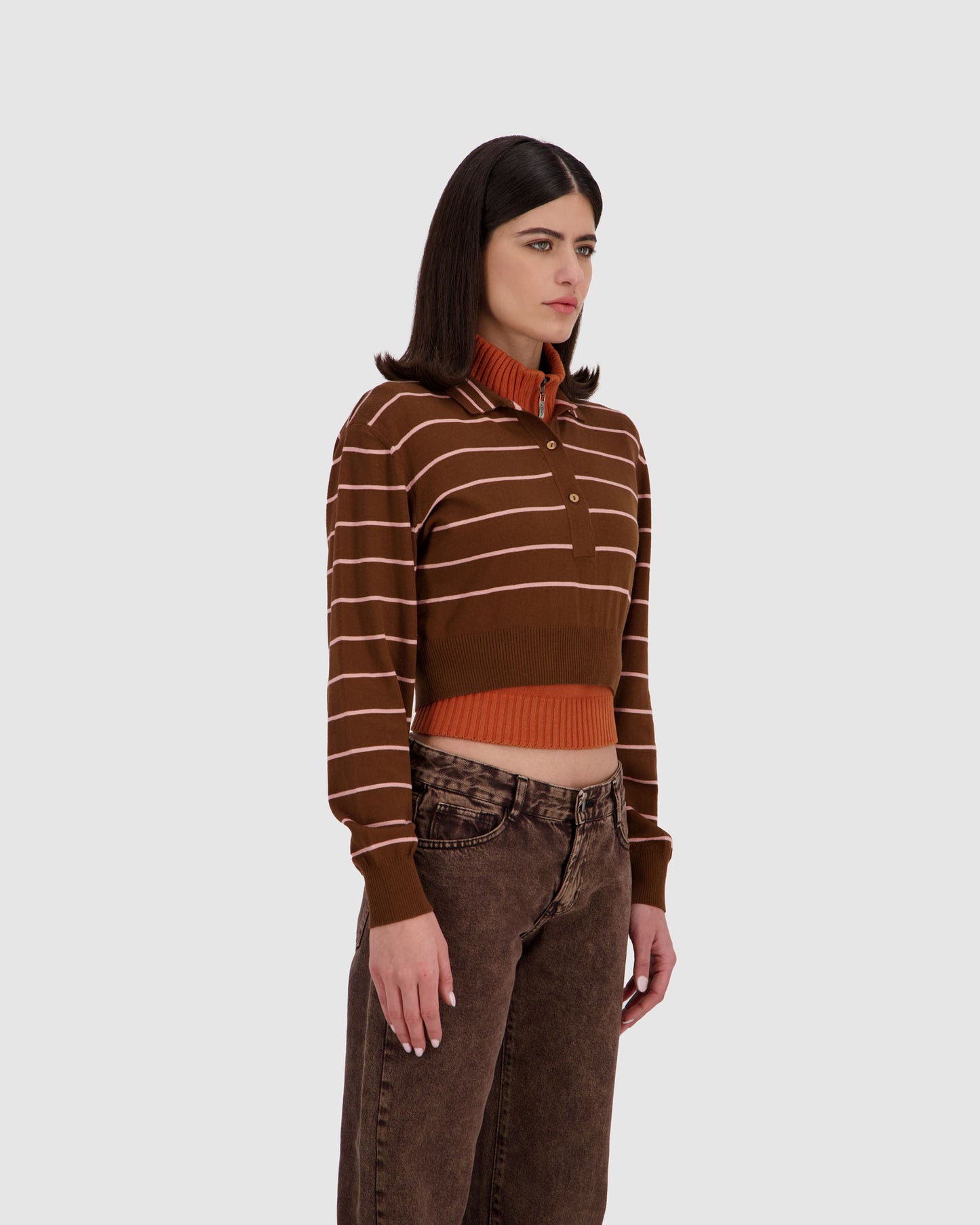 Long Sleeve Cropped Polo - Brown x Pink