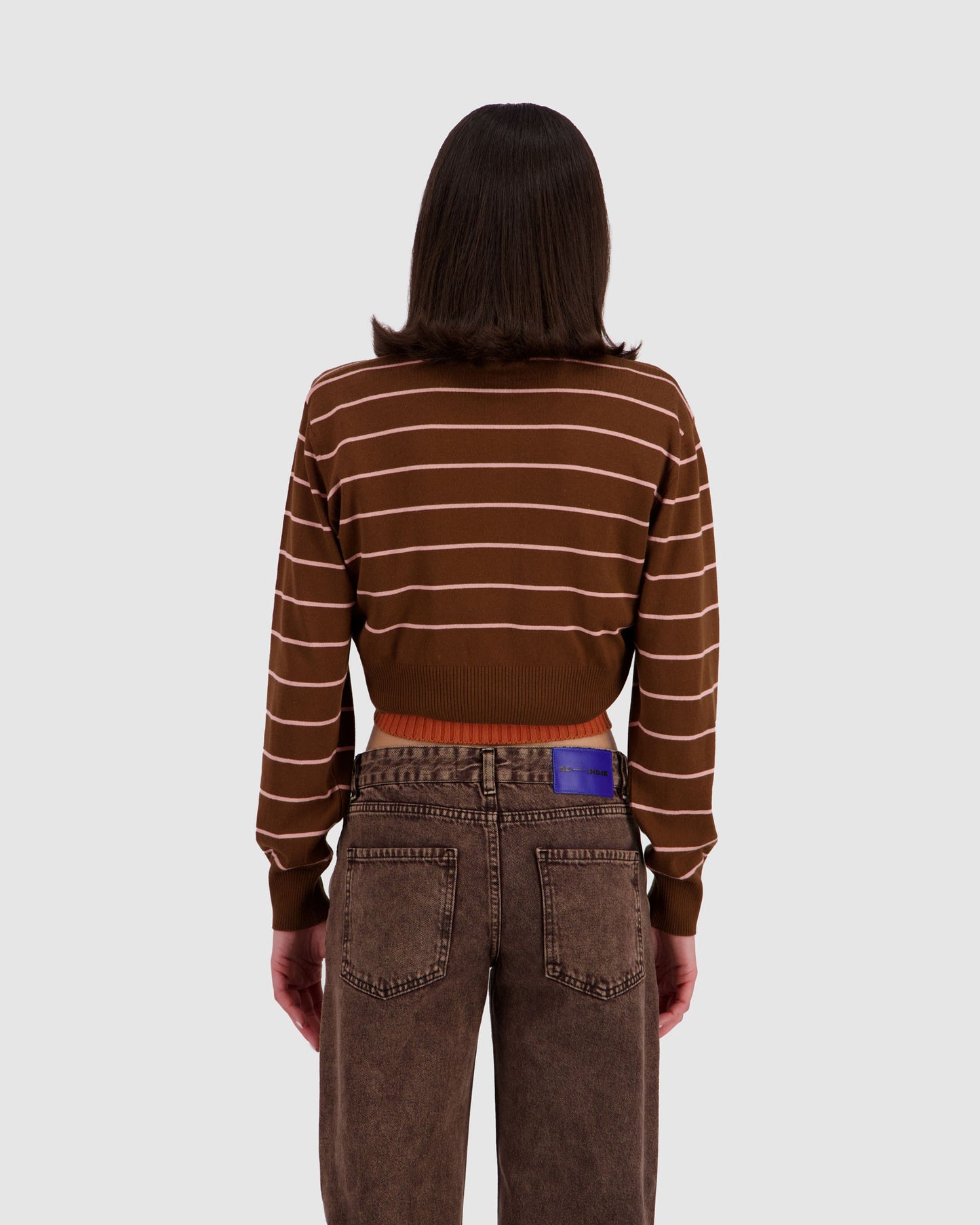 Long Sleeve Cropped Polo - Brown x Pink