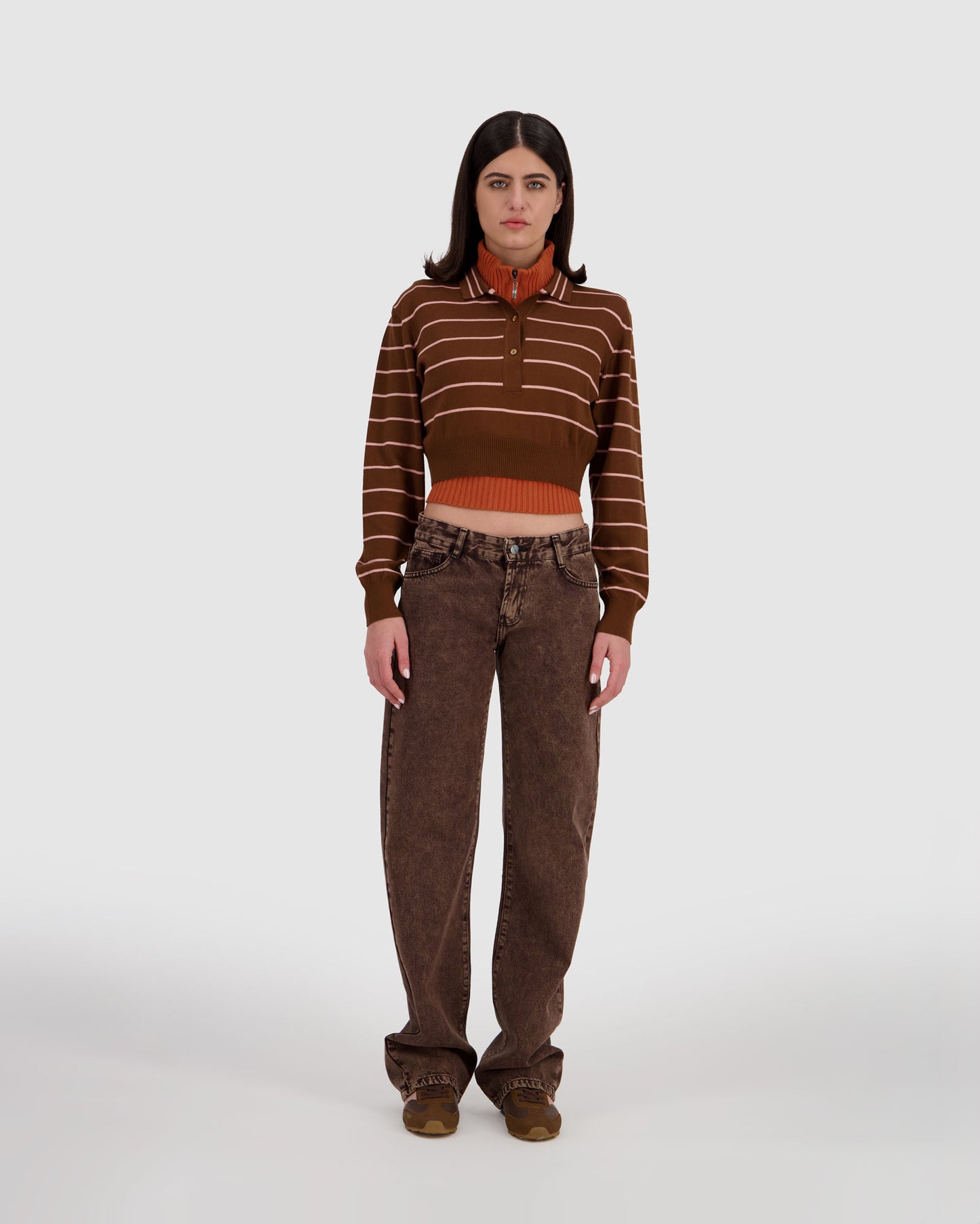 Long Sleeve Cropped Polo - Brown x Pink