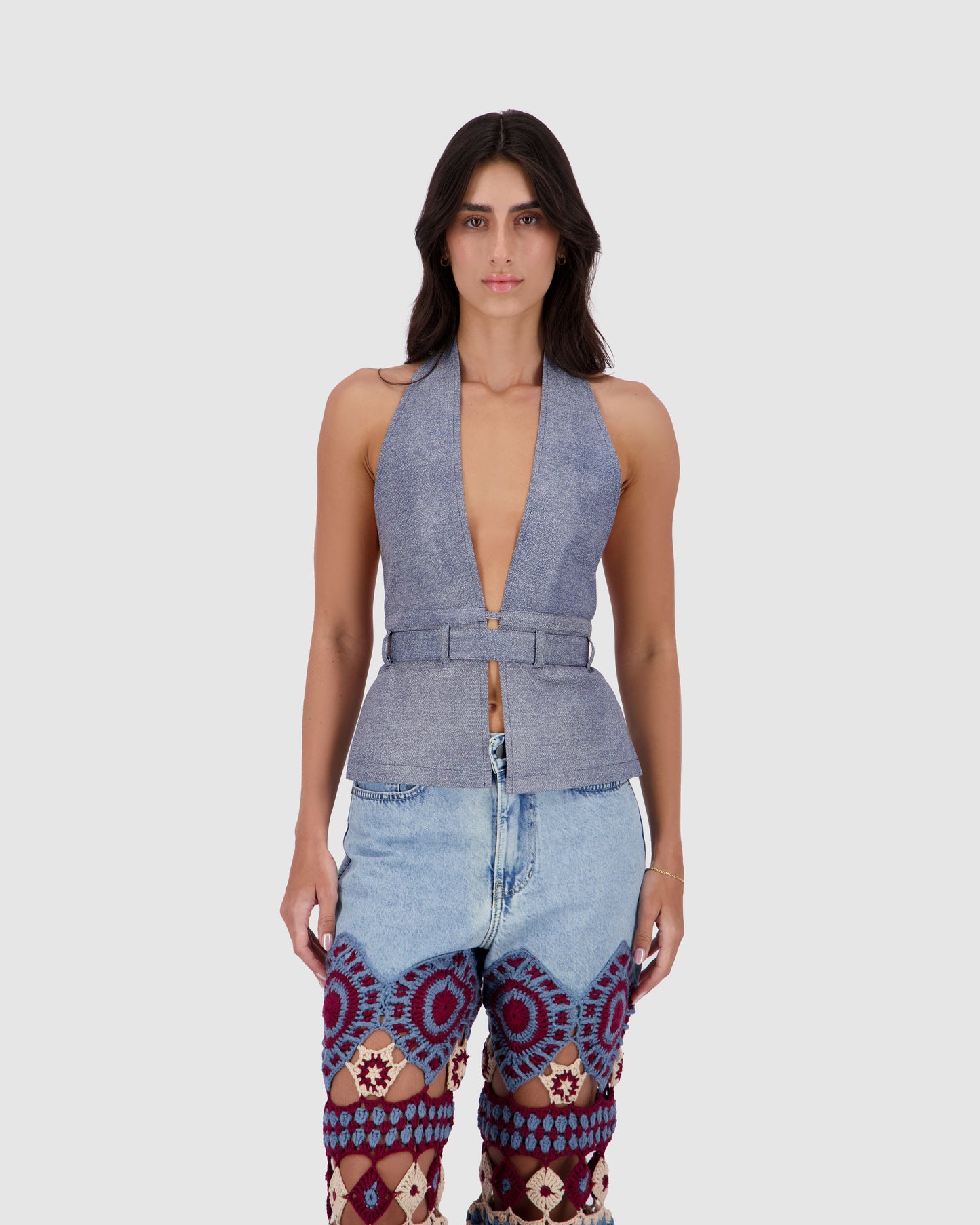 Leather Striped Halter - Blue Denim