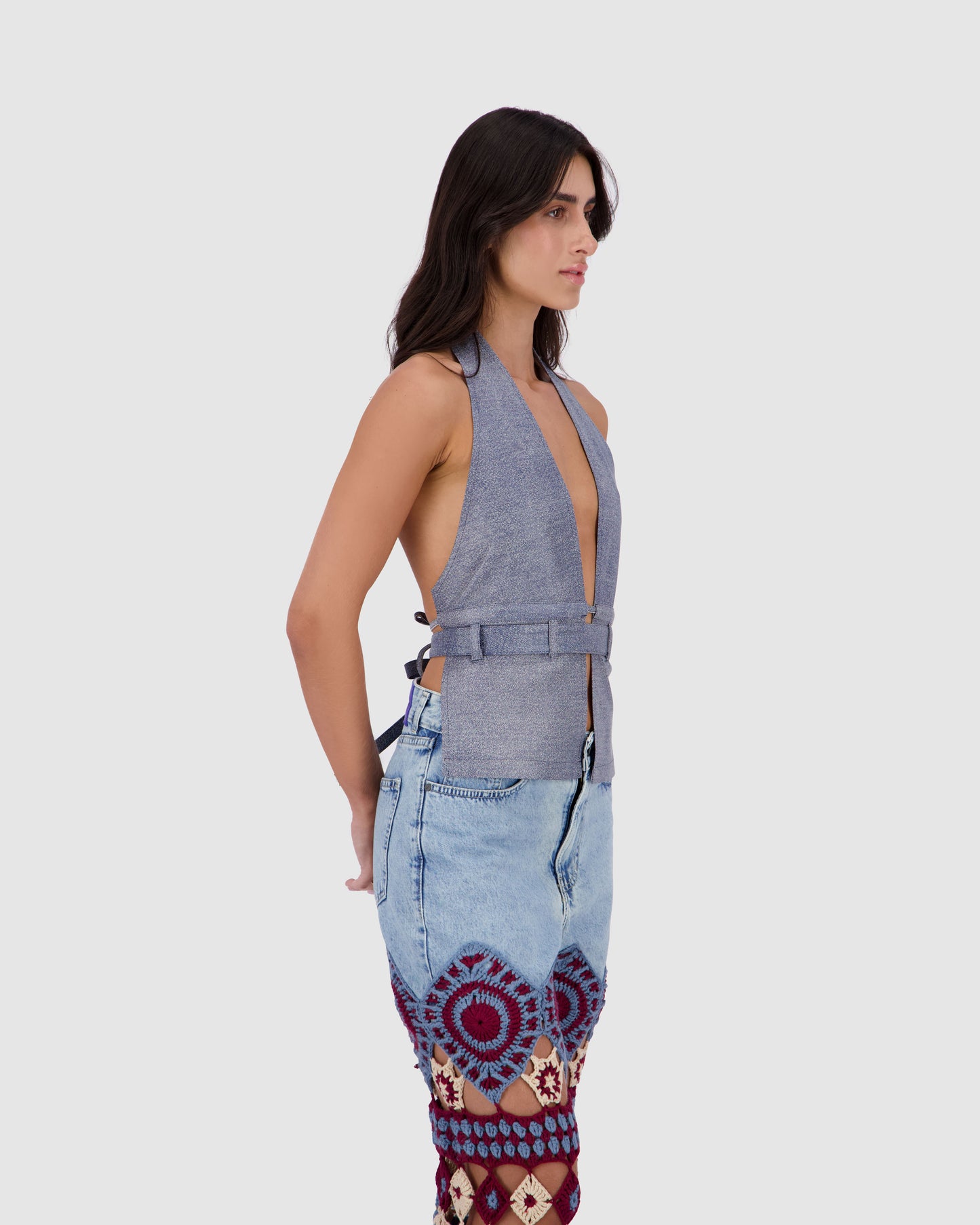 Leather Striped Halter - Blue Denim
