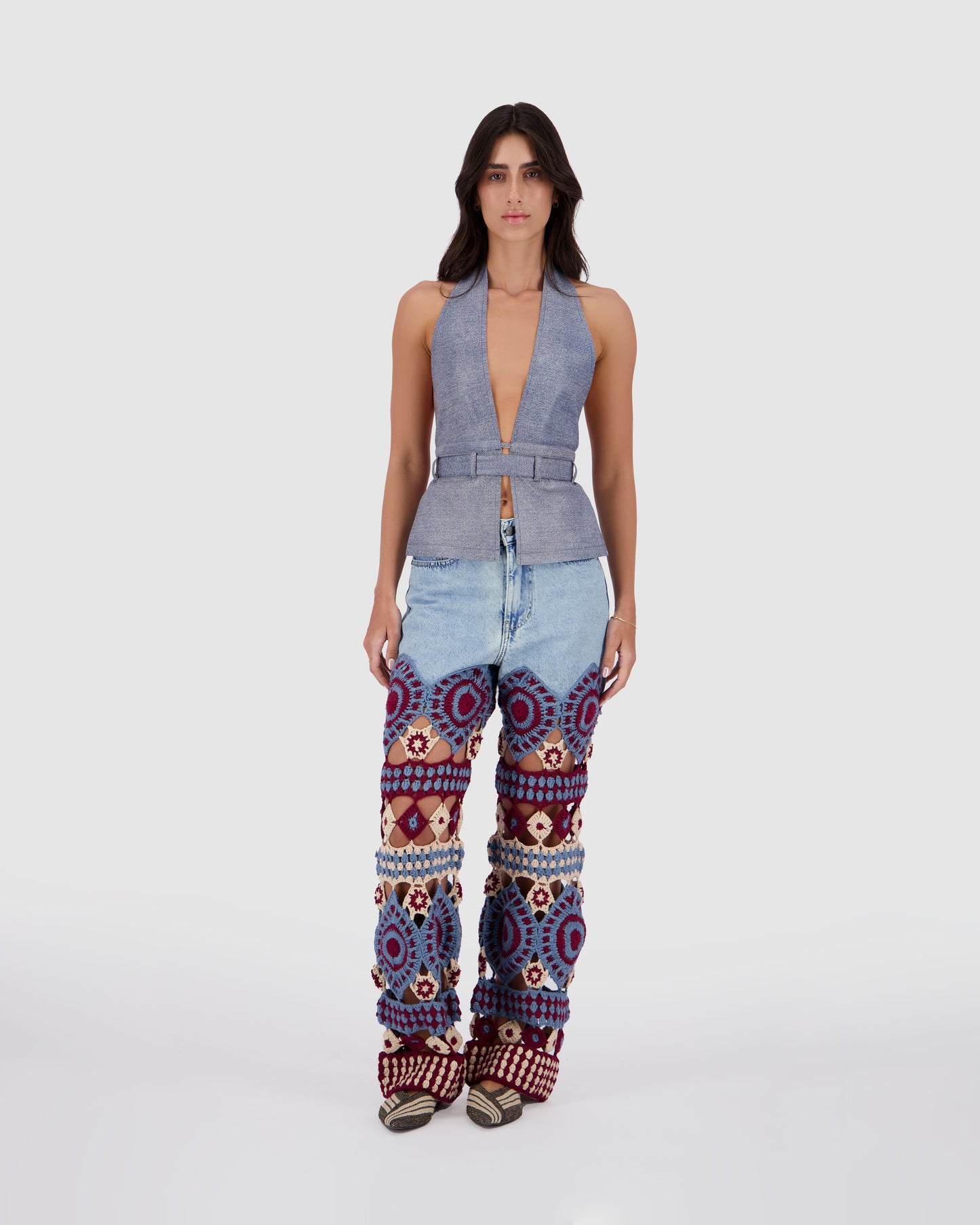 Leather Striped Halter - Blue Denim