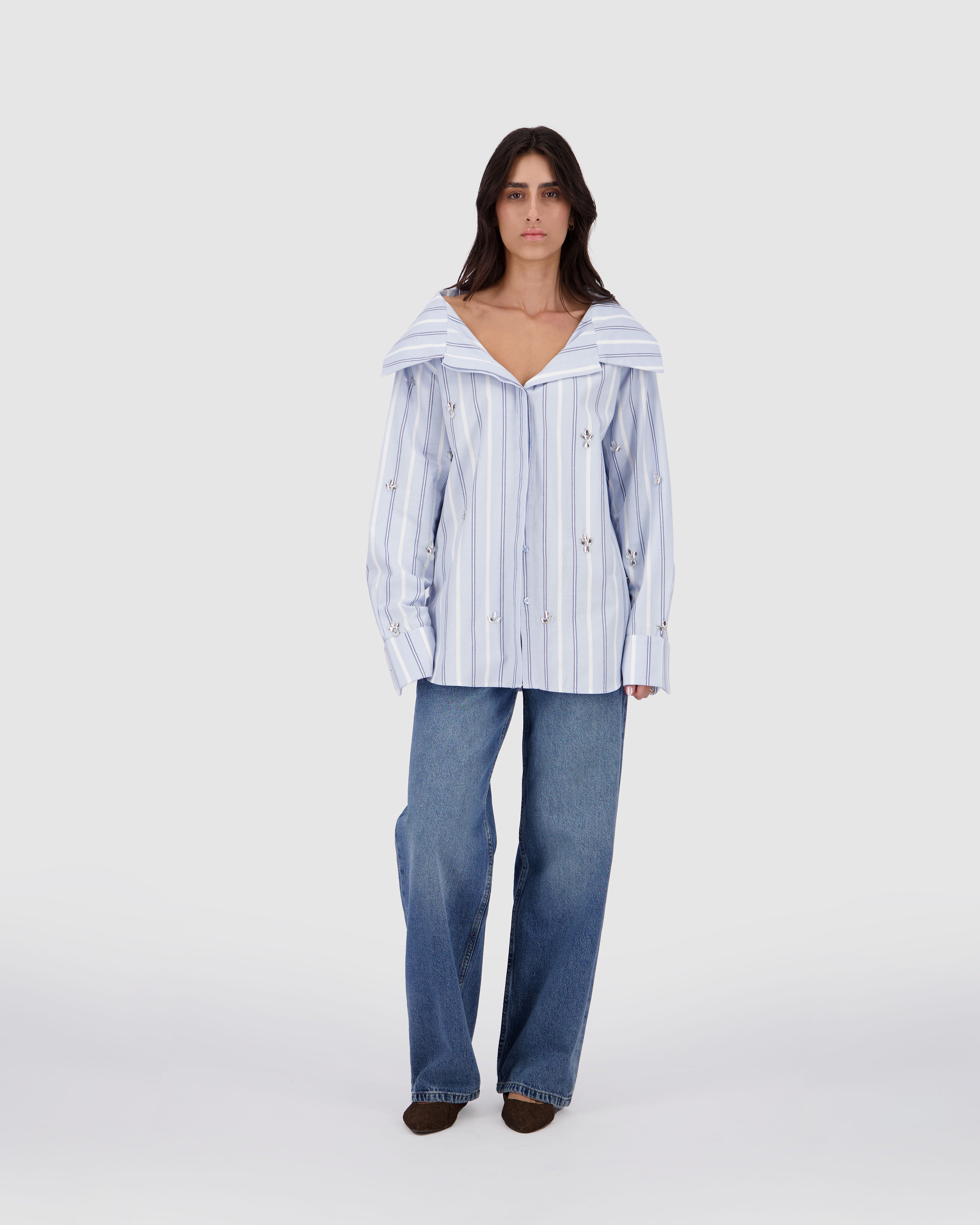 Embellished Shirt -Blue Pinstripe