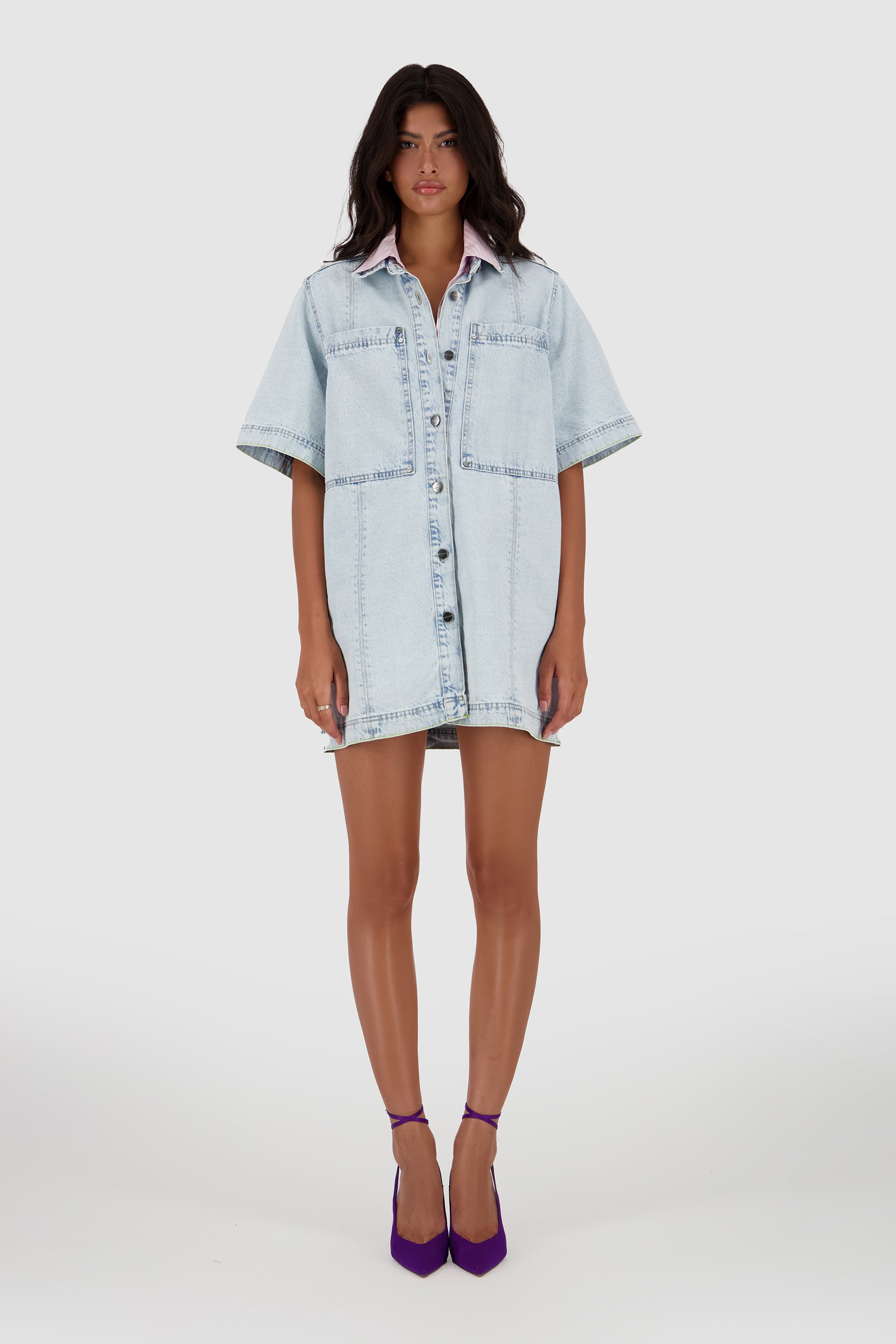 Denim Shirt Dress -Ice Blue