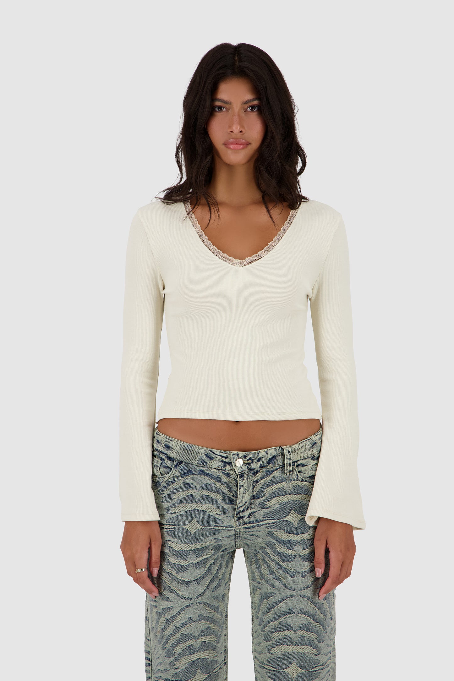 Lace Vee Top -Beige