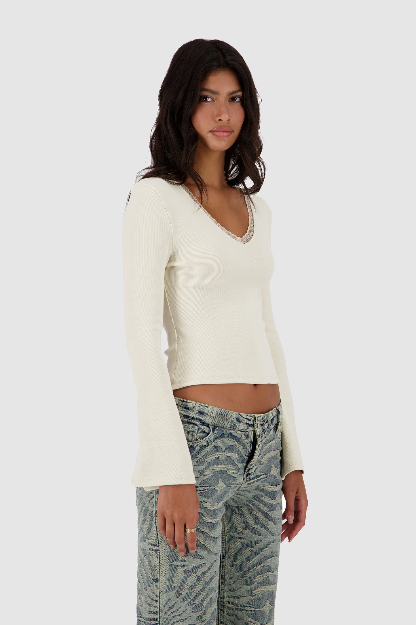Lace Vee Top -Beige