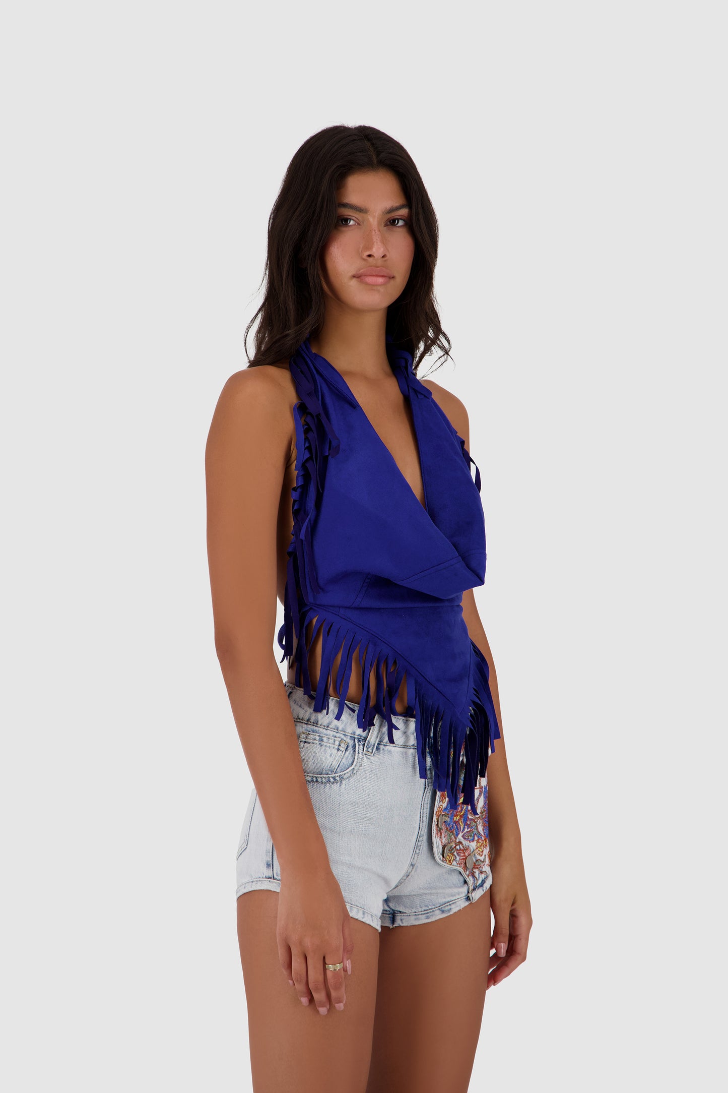 Suede Fringed Halter -Blue