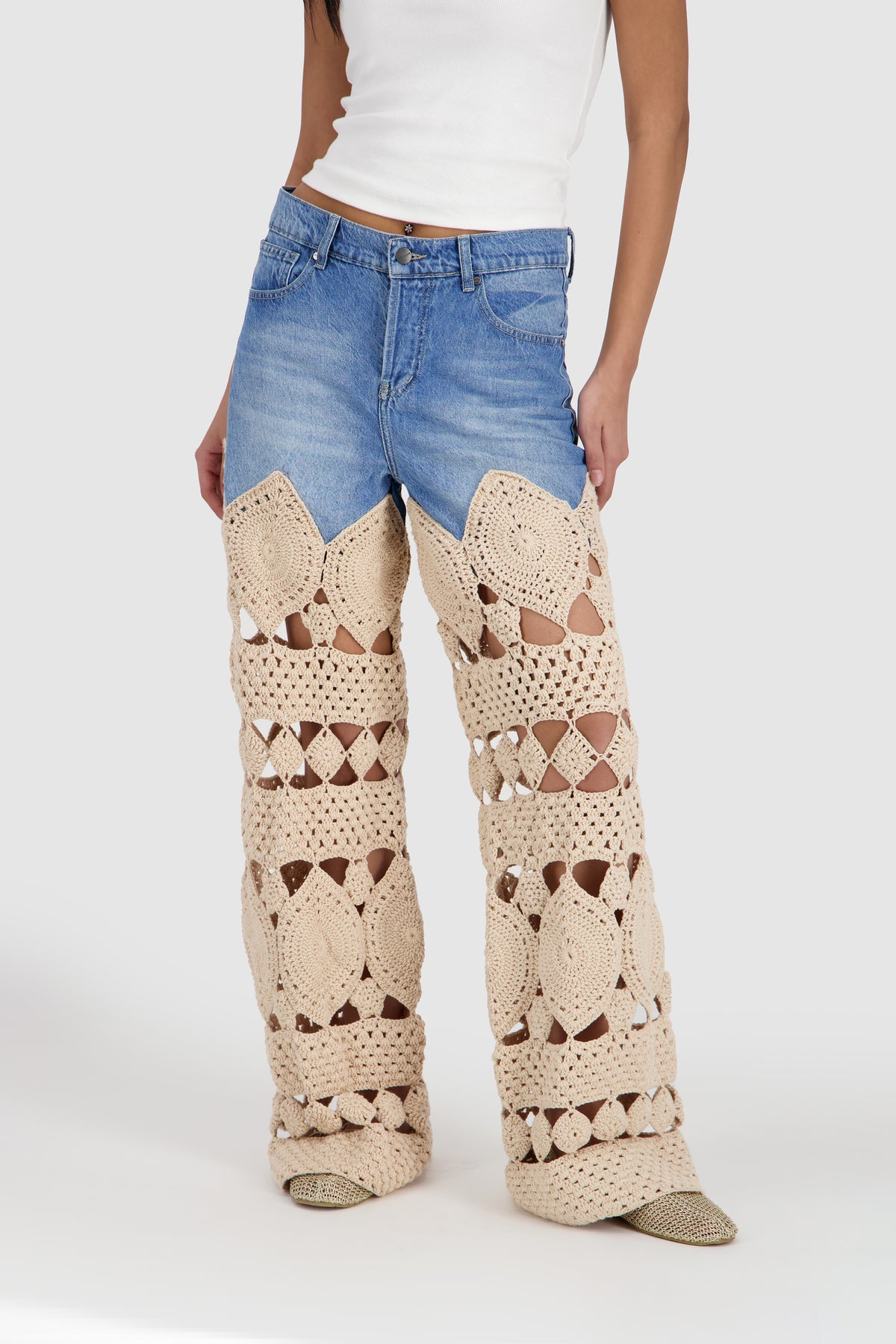 Denim Jeans with Crochet -Cream