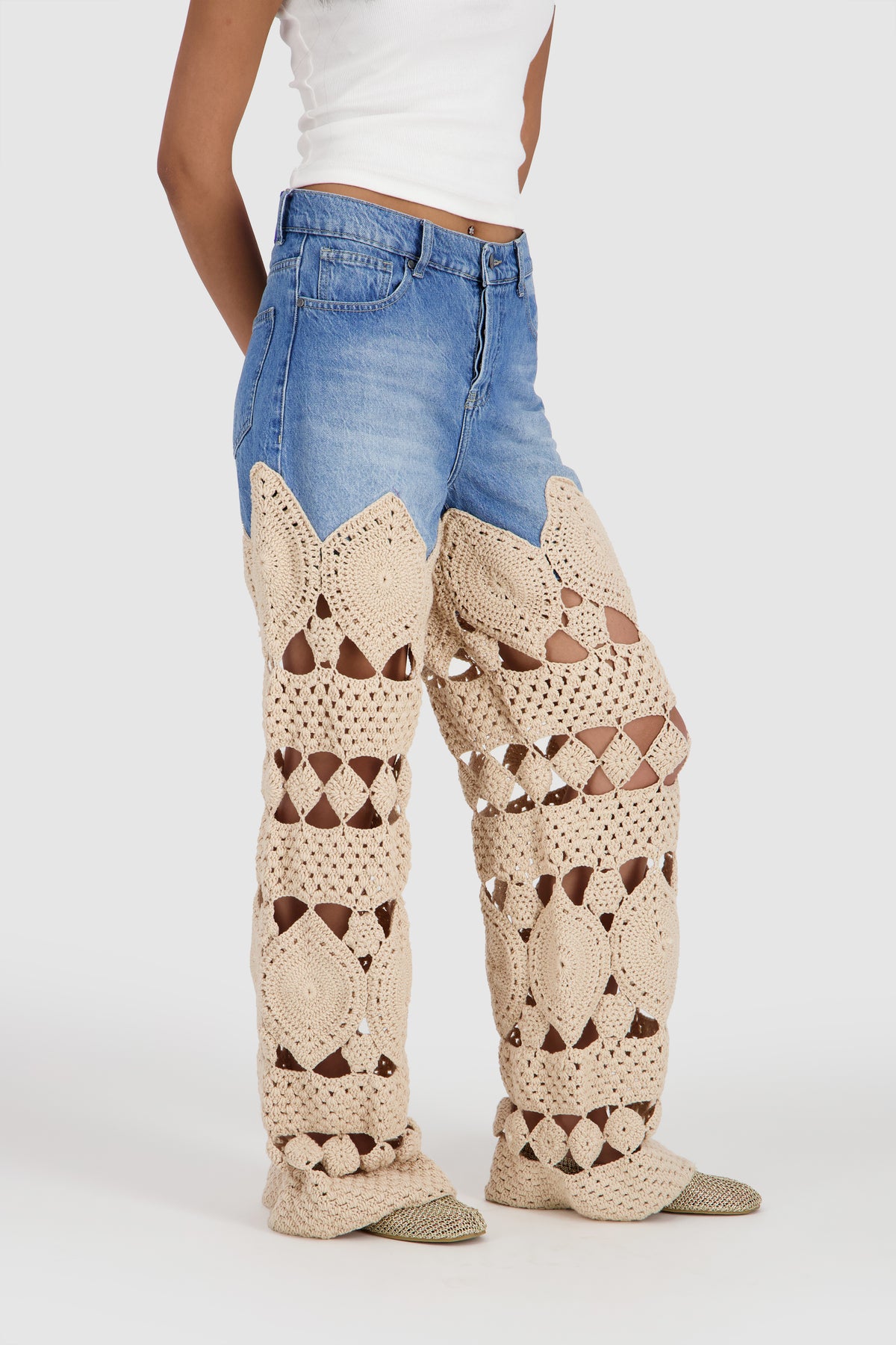 Denim Jeans with Crochet -Cream