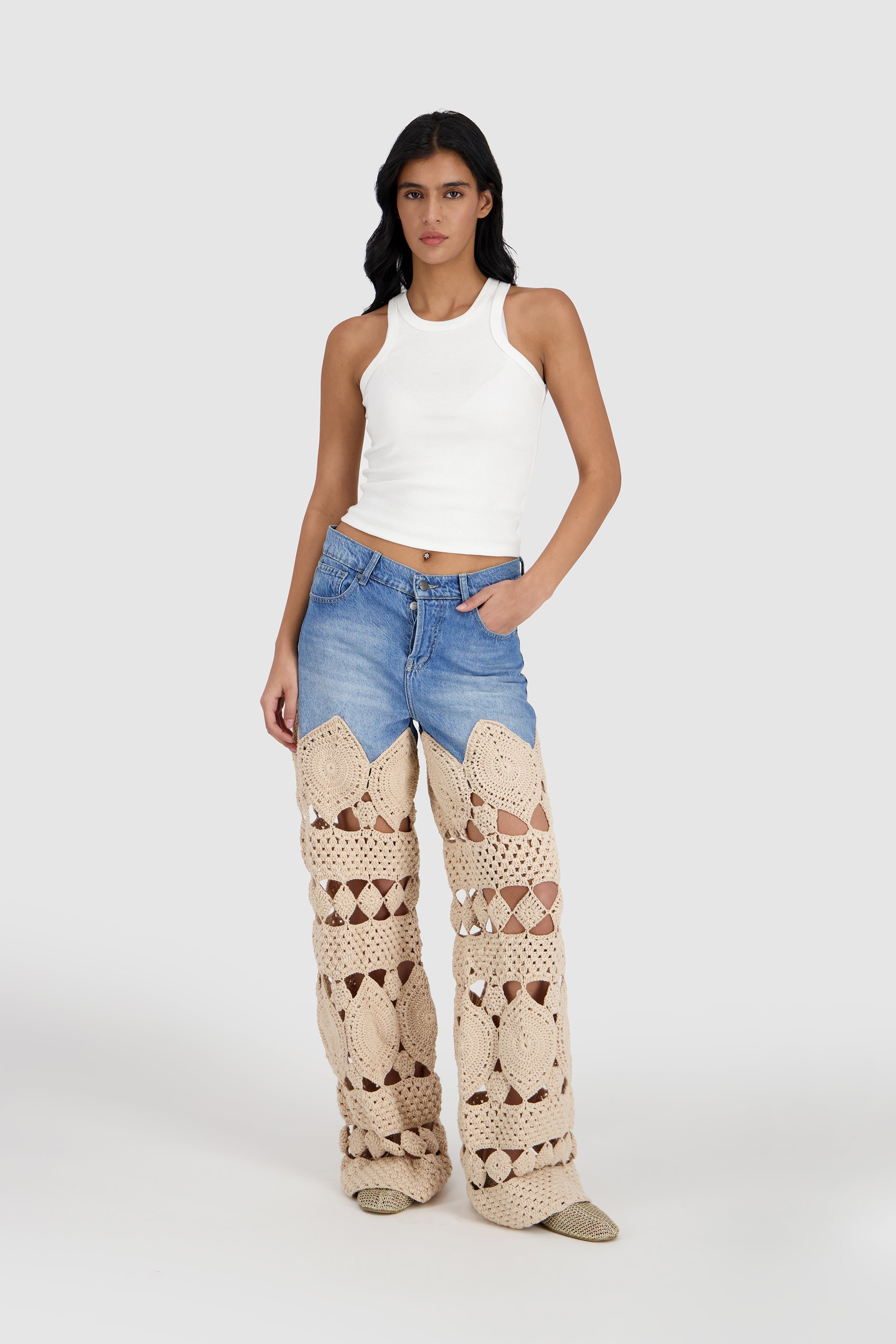 Denim Jeans with Crochet -Cream