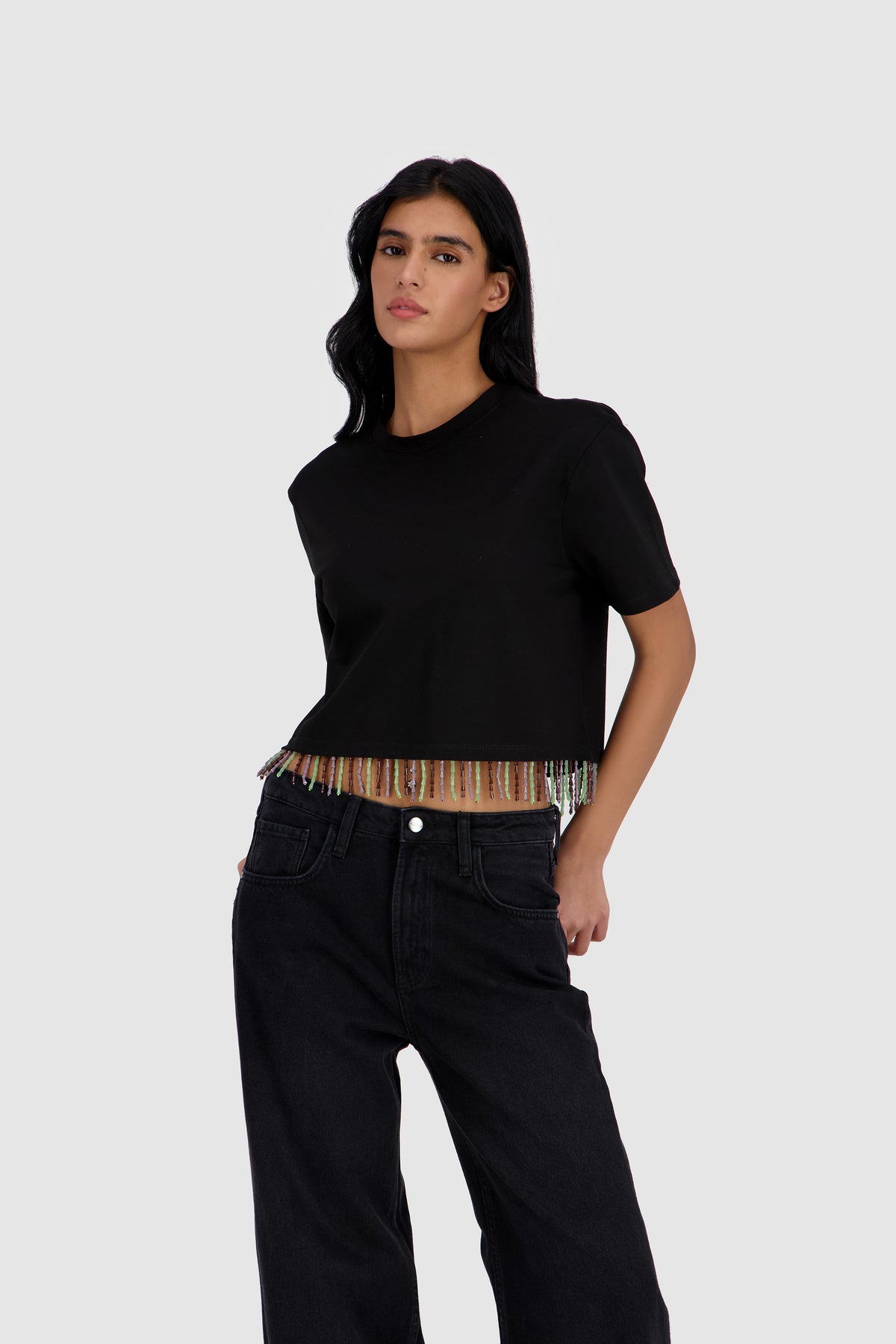 Beaded Fringed Tee -Black x Multicolor