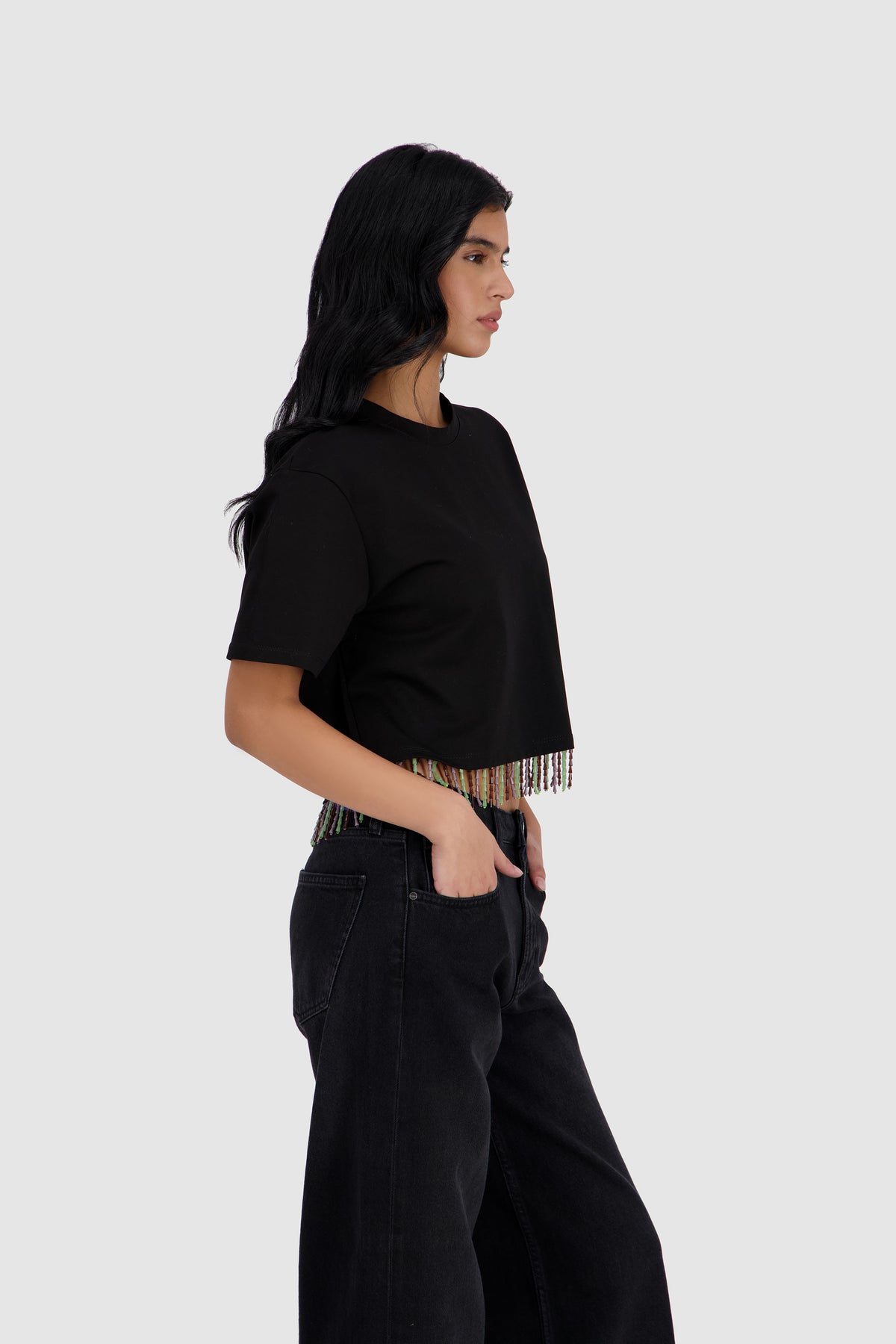 Beaded Fringed Tee -Black x Multicolor