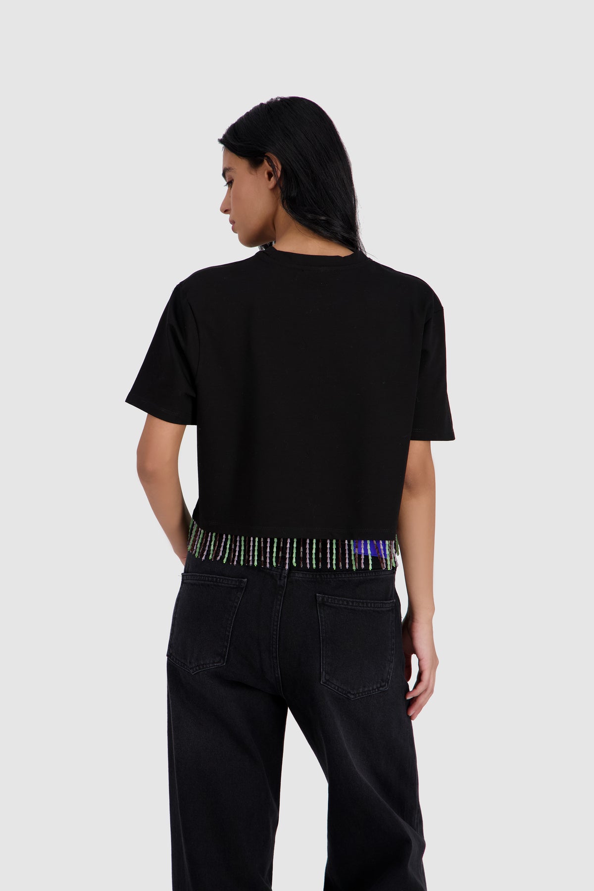 Beaded Fringed Tee -Black x Multicolor