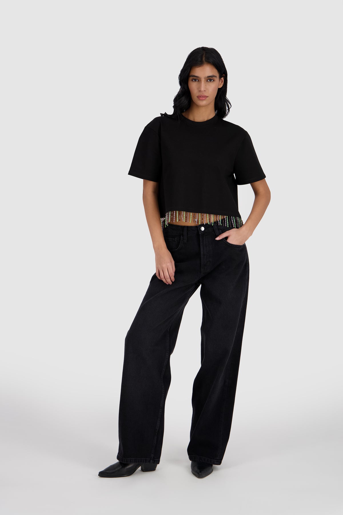 Beaded Fringed Tee -Black x Multicolor